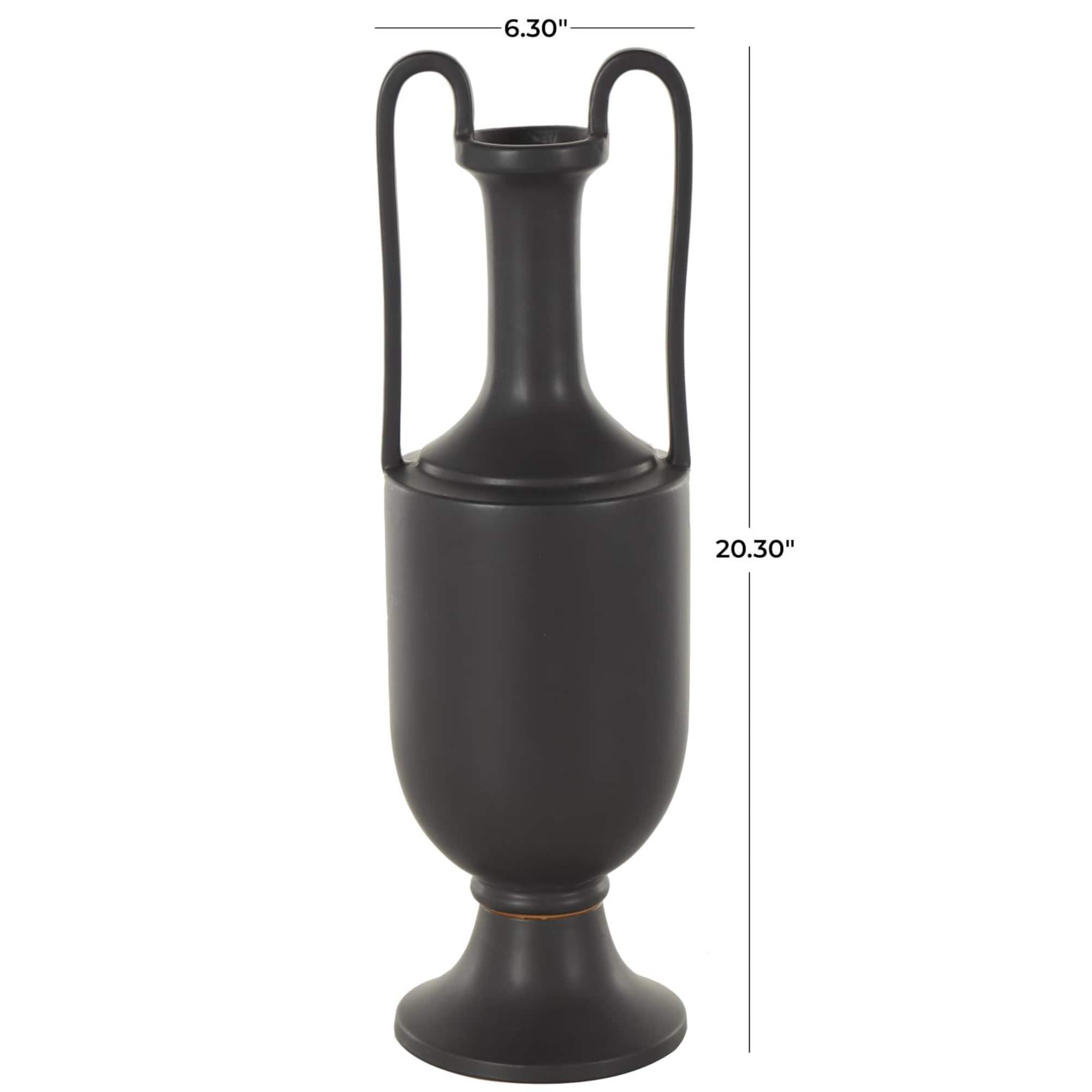 20.25" Black Ceramic Fluted Urn Shaped Vase with Arch Handles
